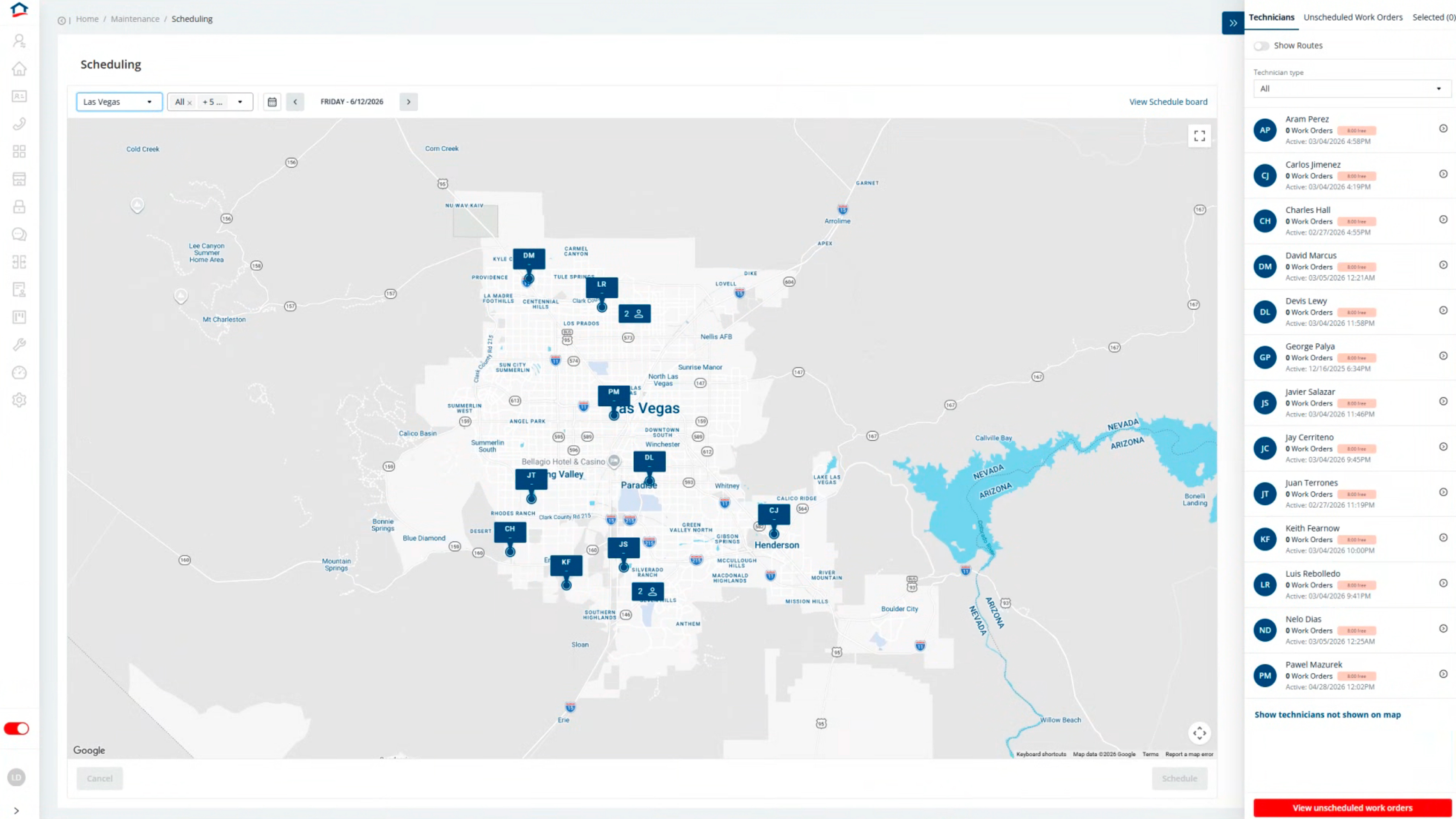 The Scheduling tool's Technicians tab: a roster of technicians with work-order counts and last-active times in the right rail, and technician initials pinned on the Las Vegas map for proximity and route context.